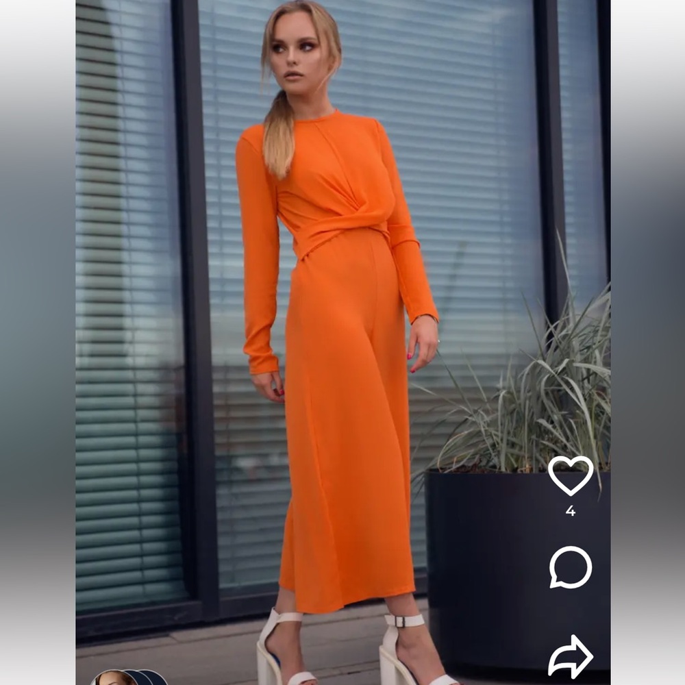 Orange long-sleeve Wrap Front Jumpsuit - Picture 4 of 11